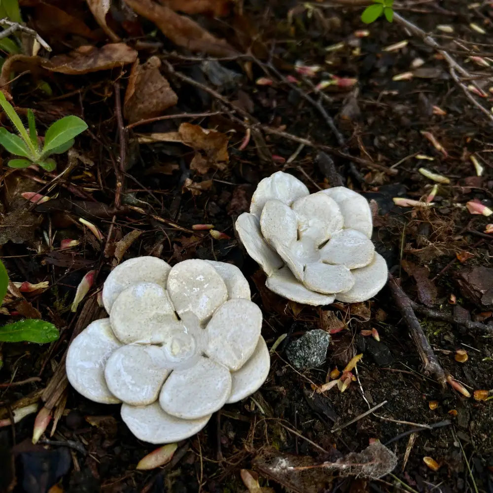 Two off-white ceramic flower ornaments with layered petals resting in dark soil and leaves relax kiuaskukka