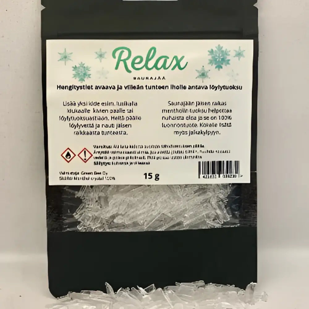 A black resealable pouch of relax saunajää containing 15g of clear crystalline green bee pollen