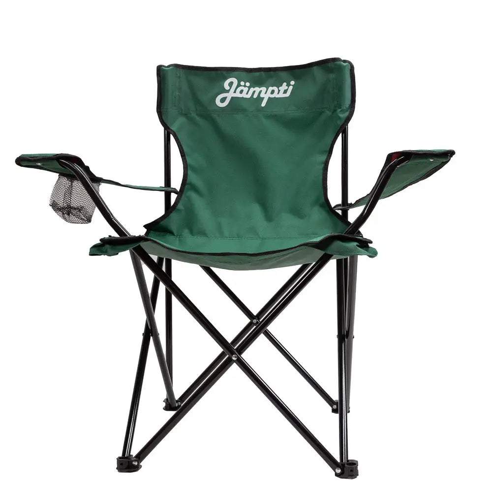 Retkituoli Jämpti takakuvassa vihreällä kangaspäällysteellä mustalla metallikehyksellä ja valkoisella Jämpti-logolla