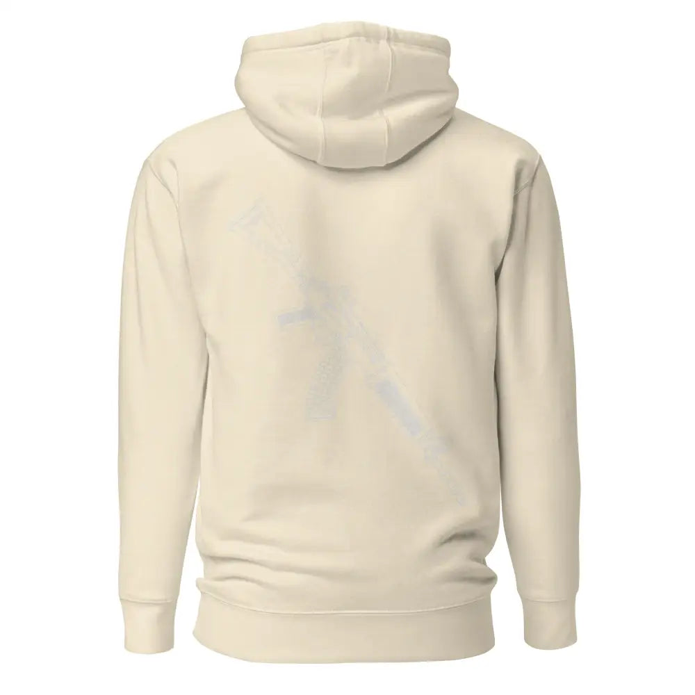 Cream-colored rk-95 huppari with soft textured fabric and subtle faded graphic on the back side