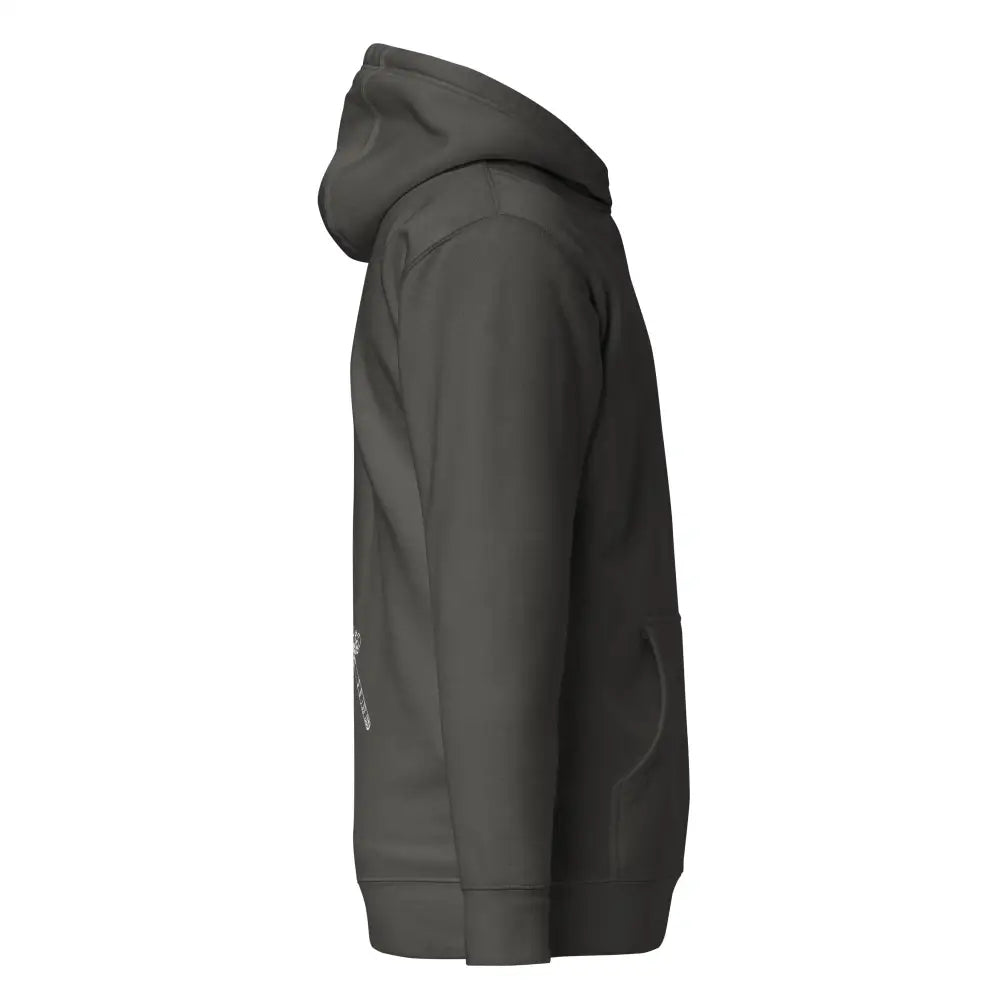 Dark gray hooded sweatshirt rk 95 huppari with subtle white logo on the left sleeve in cotton material