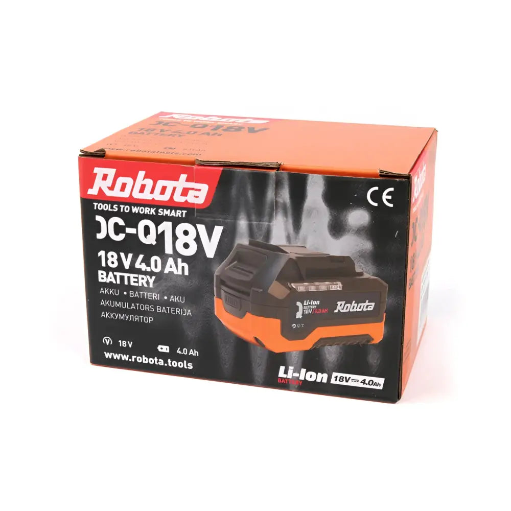 Orange ja musta robota akku dc-q 18v 4ah 4.0ah li-ion paristo myyntipakkauksessa