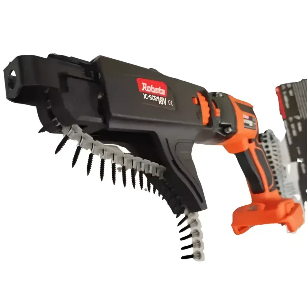 Oranssi ja musta robotiq rc-50r18v langaton akkunaulain harmaalla naulamagasiinilla robota akkunauharuuvinväännin dc-scr18v-mallissa