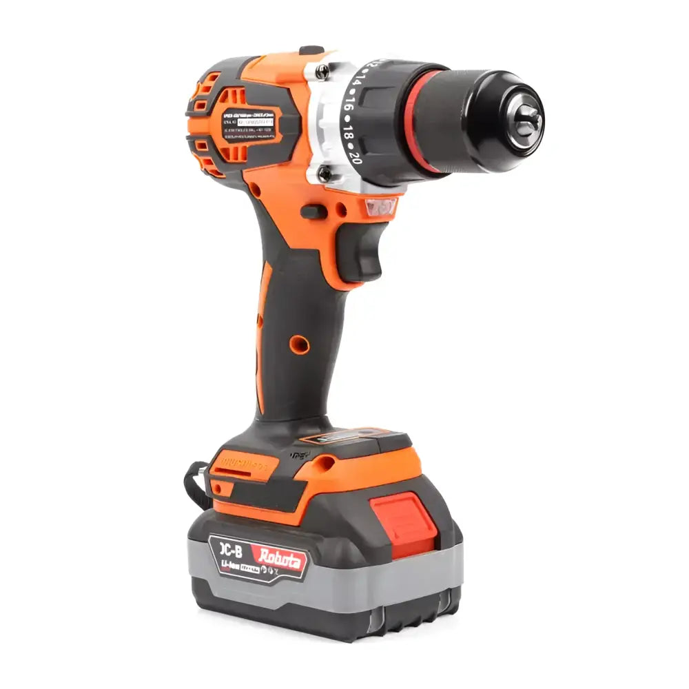 Robota akkuporakone 13mm dc-d18v runko oranssi ja musta langaton porakone hopeisella terällä robota jc-b merkeillä