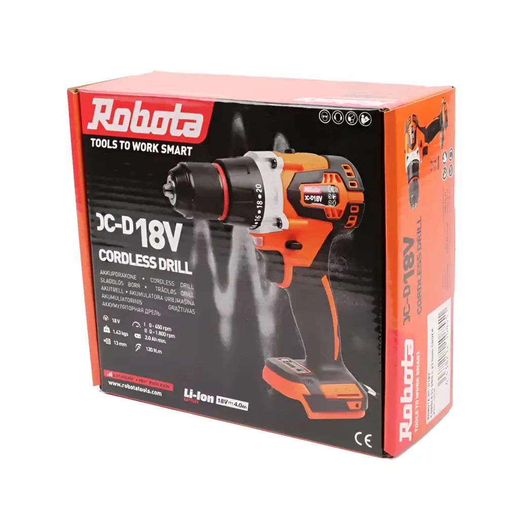 Robota akkuporakone 13mm dc-d18v oranssi ja musta langaton porakone myyntipakkauksessa