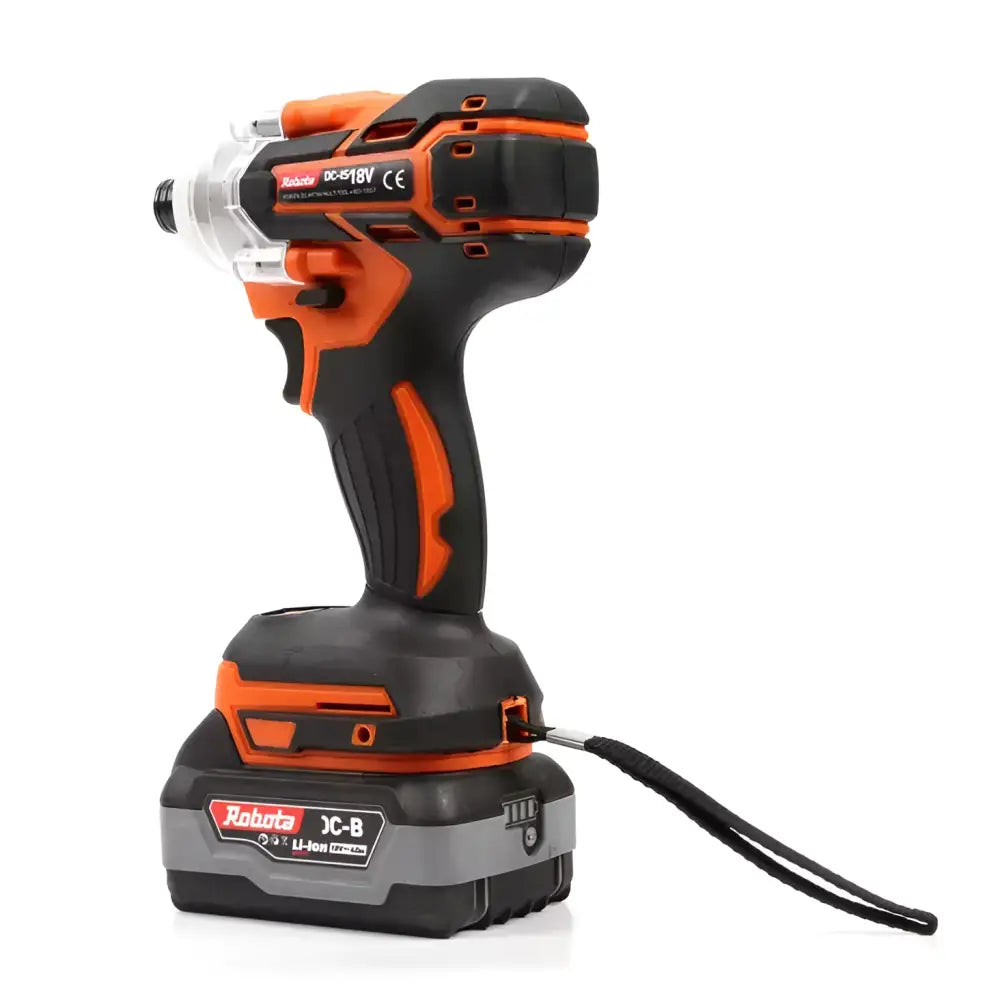 Orange musta robota akkuruuvinväännin iskevä dc-is18v runko irrotettavalla akulla edestä näkyvänä