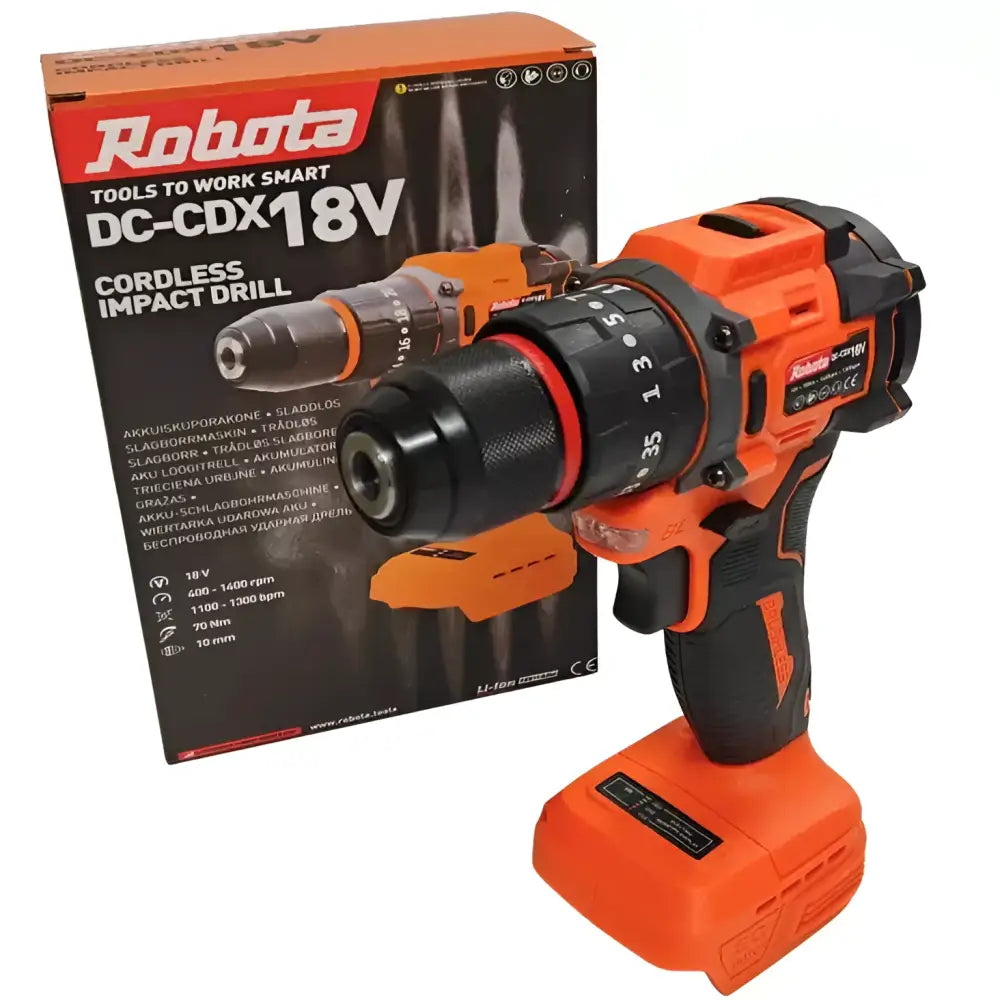 Robota dc-cdx18v akkuporakone 10mm runko oranssi musta väri teksturoitu kahva ja punainen koristerengas chukin ympärillä