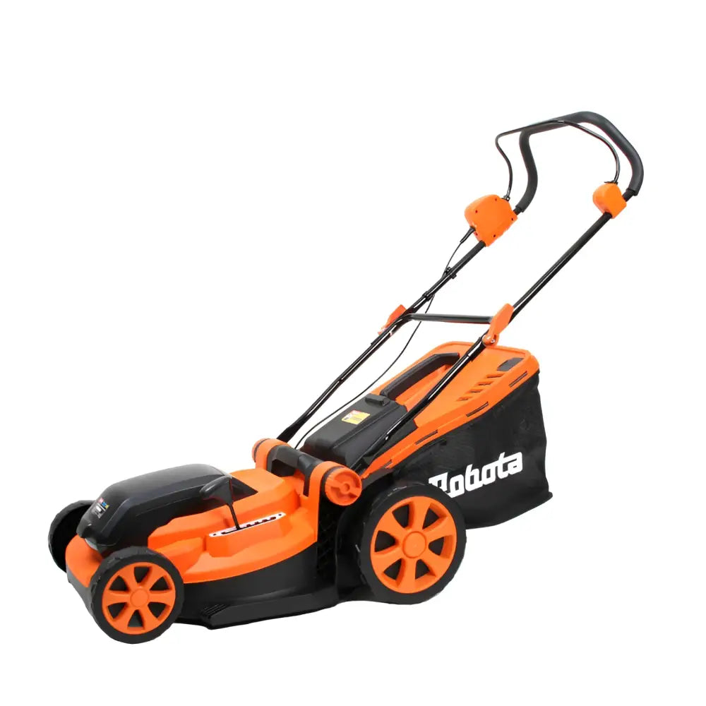 Orange ja musta robota dc-lm36v akkuruohonleikkuri jossa moderni muotoilu ja korostetut oranssit pyörät ja kahvat
