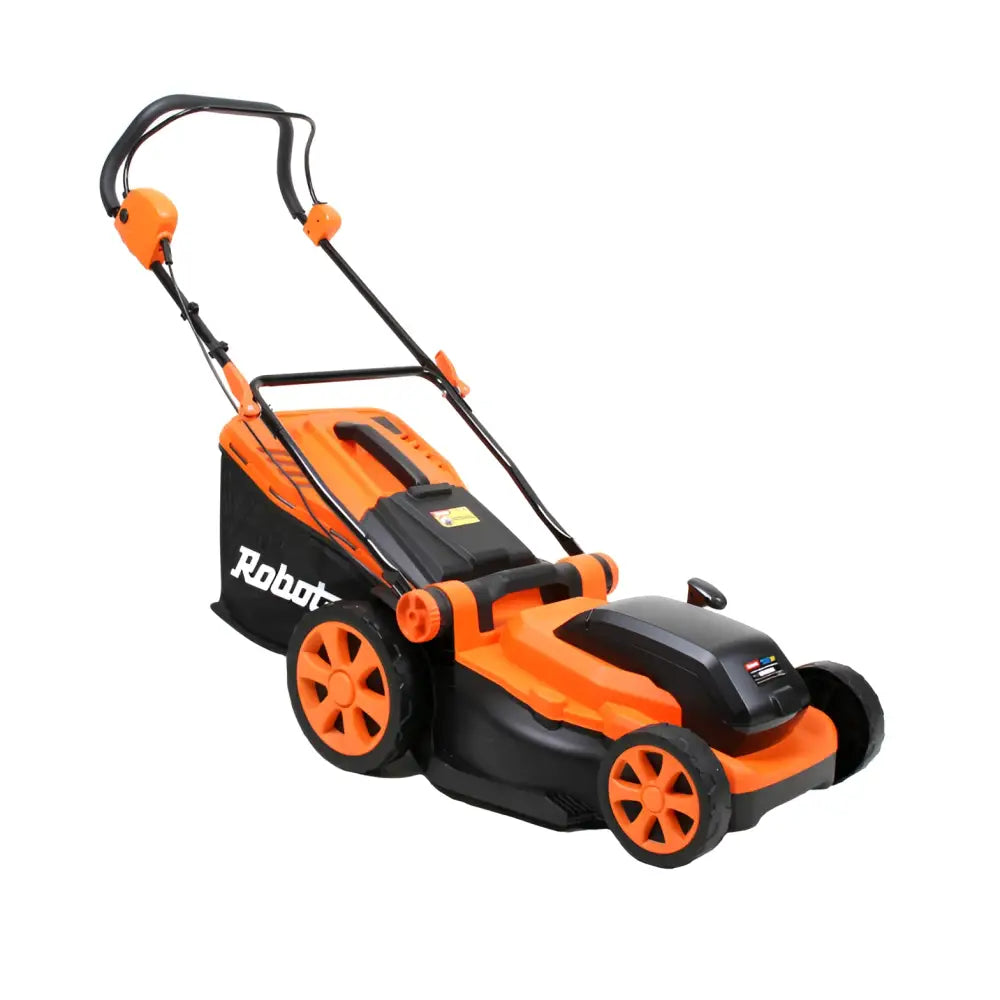 Oranssi ja musta robota dc-lm36v akkuruohonleikkurin runko modernilla muotoilulla ja robot-brändilogolla sivulla