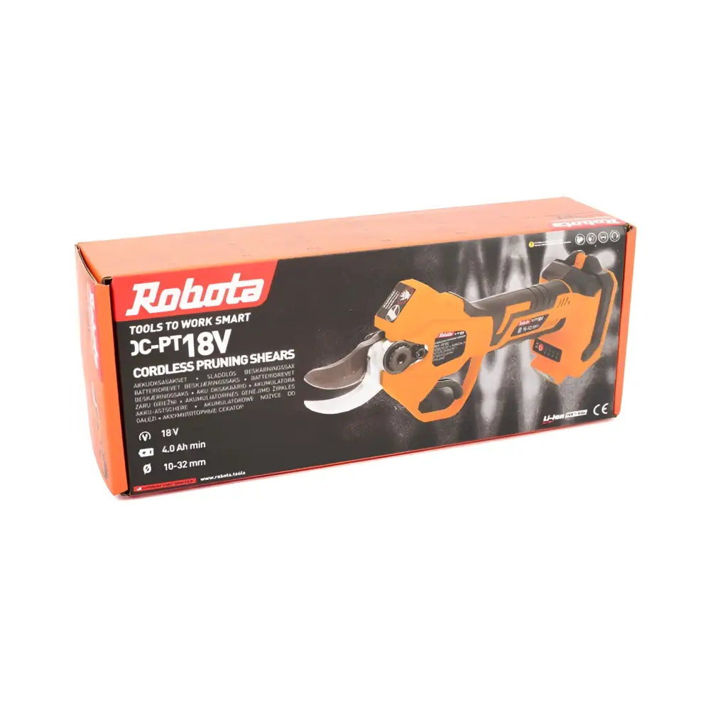 Oranssi ja musta robota dc-pt18v akkuoksasakset vähäpäästössä myyntipakkauksessa