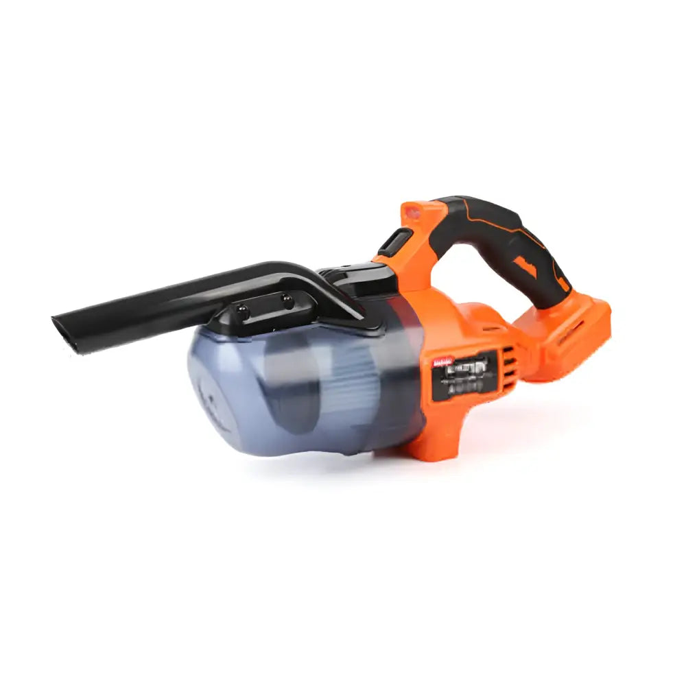 Orange ja musta robota dc-vcd18v akkupölynimuri läpinäkyvällä sinisellä pölysäiliöllä