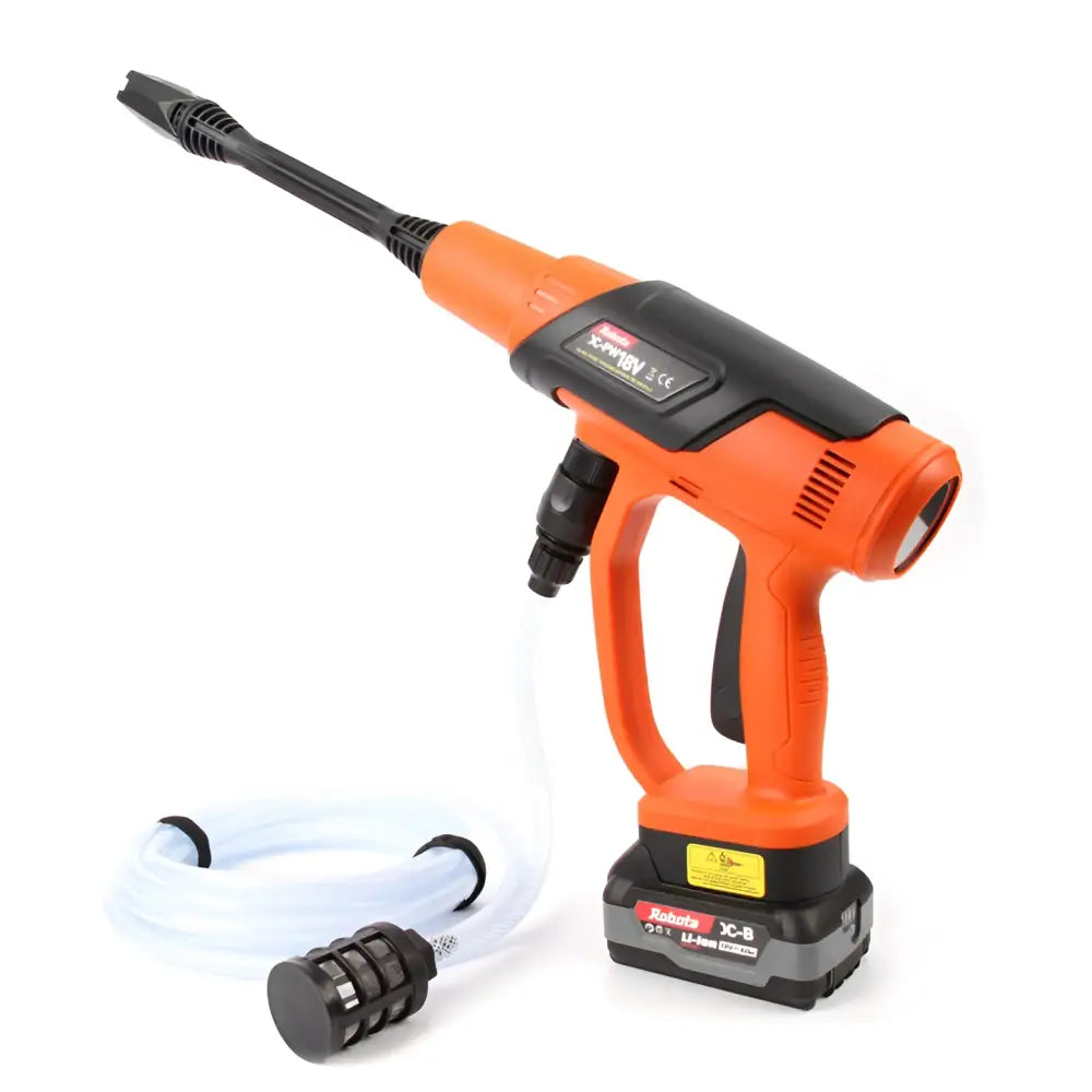 Robota dc-ws18v akkupainepesuri oranssi musta väri ja läpinäkyvä letku sekä suutin