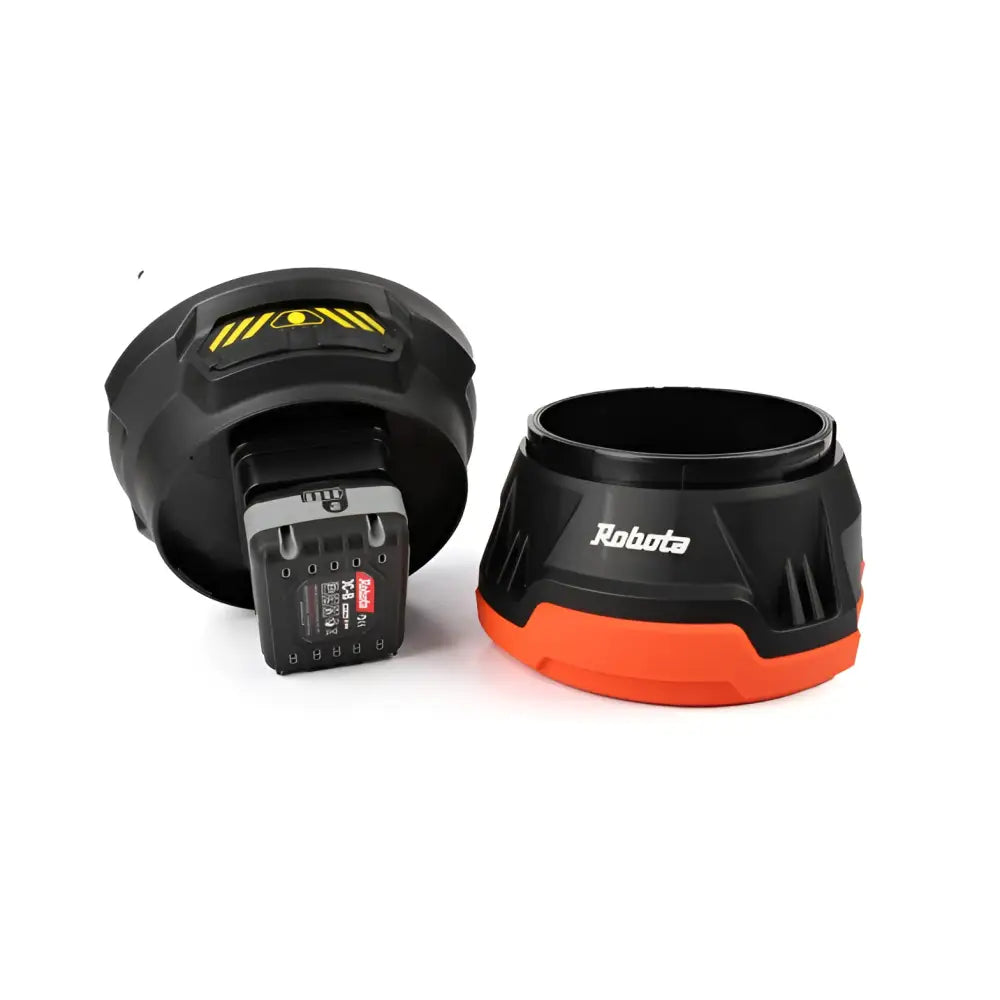 Mustan ja oranssin robota dc-xt18v 360 asteen akkuvalaisimen akkulaturi ja siihen sopiva latausalusta