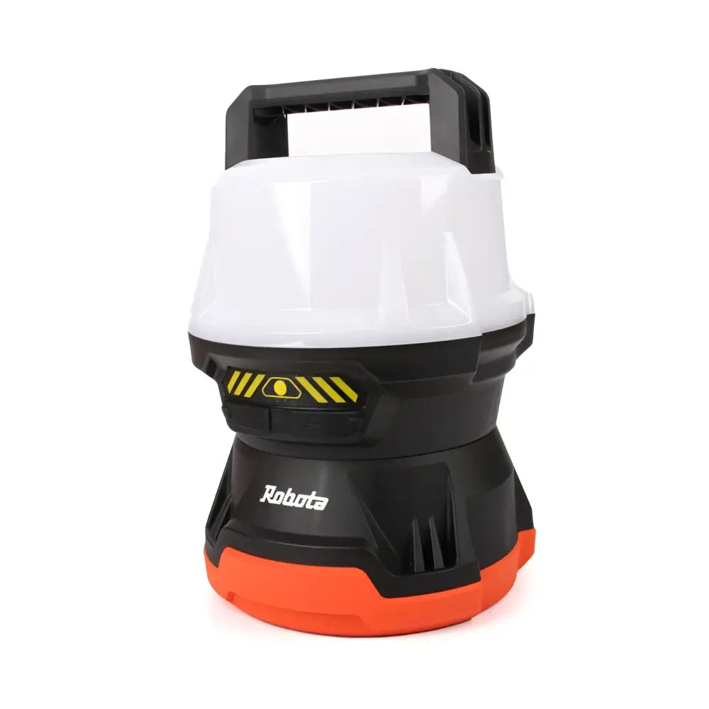 Robota dc-xt18v 360 asteen akkuvalaisin portable lantern with white black orange design and safety warning stripes