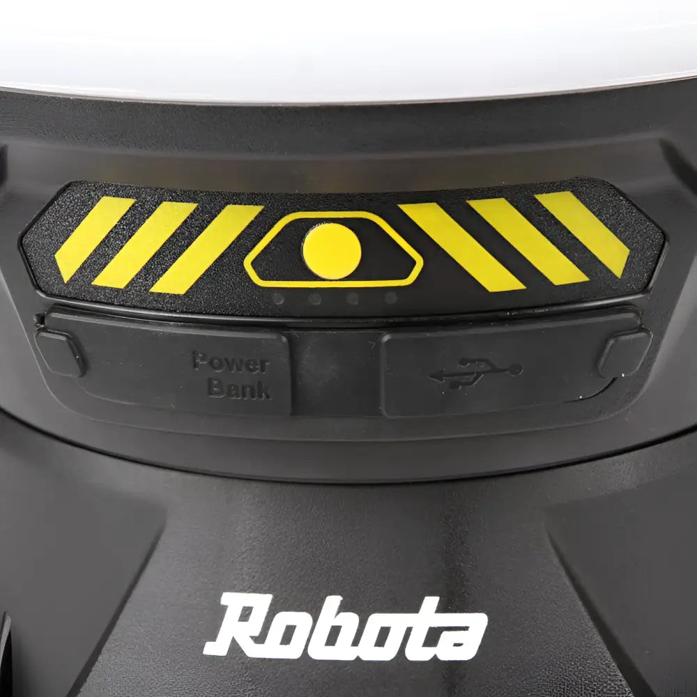 Black plastic power bank robota dc-xt18v 360 asteen akkuvalaisin with yellow hazard stripes and usb port labels