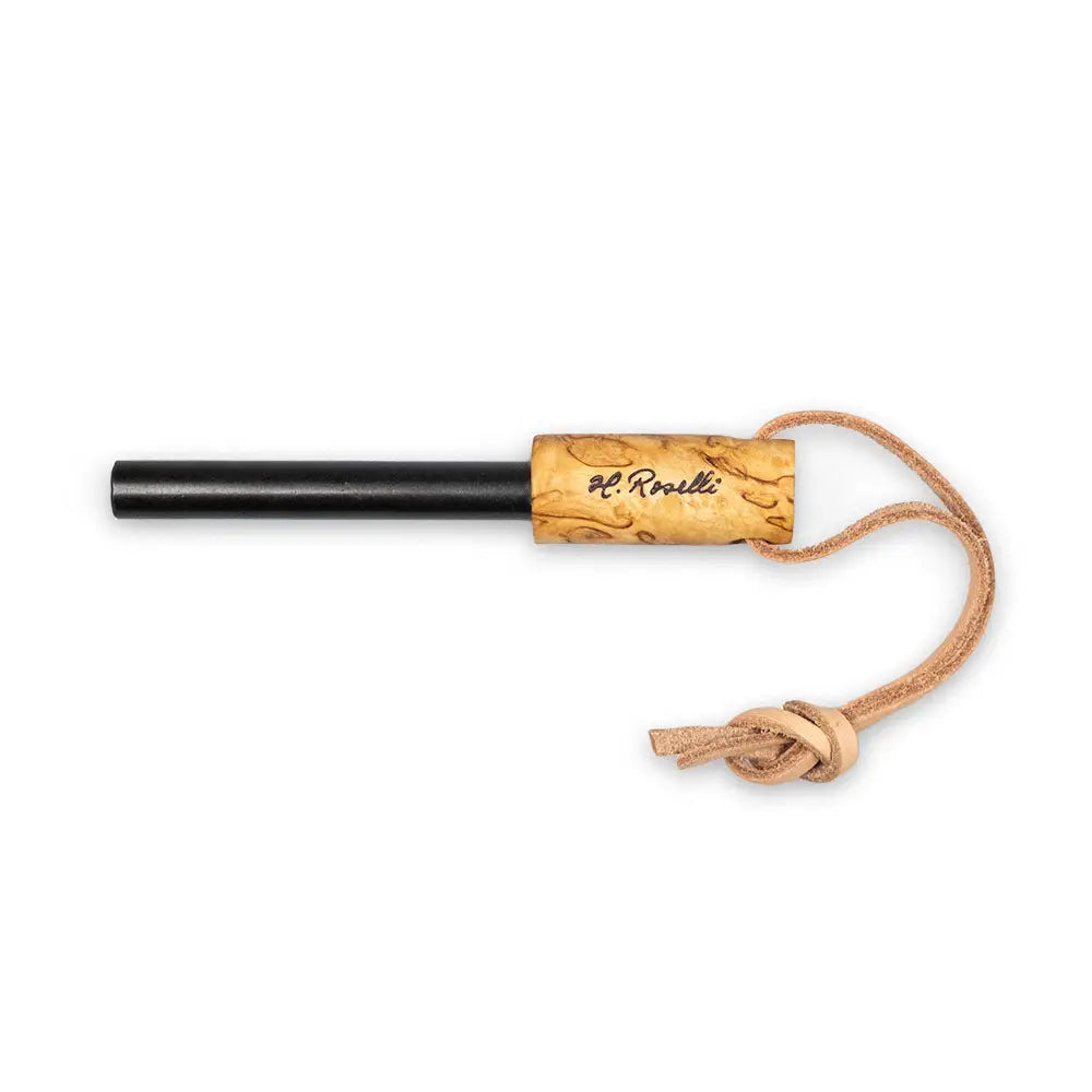 Black fire starter roselli firesteel with cork handle and tan leather lanyard branded h for outdoor use