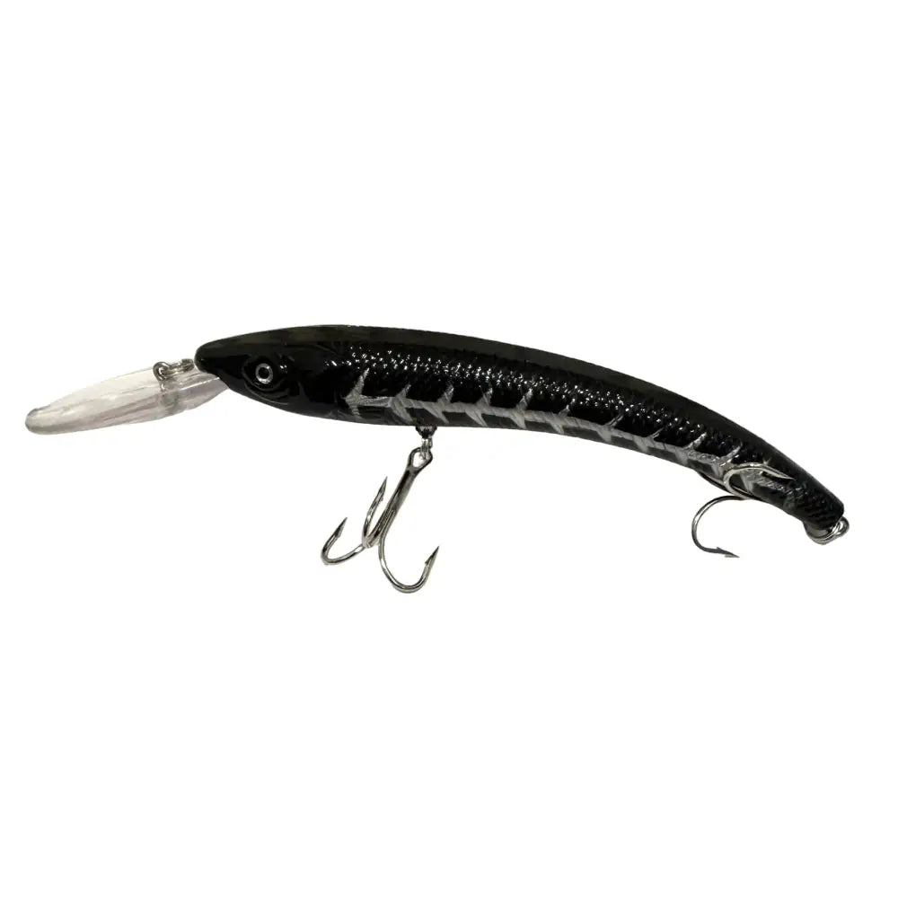 Black and silver patterned hard-bodied roundblack deep wobbler fishing lure with clear plastic lip for kuha and hauki