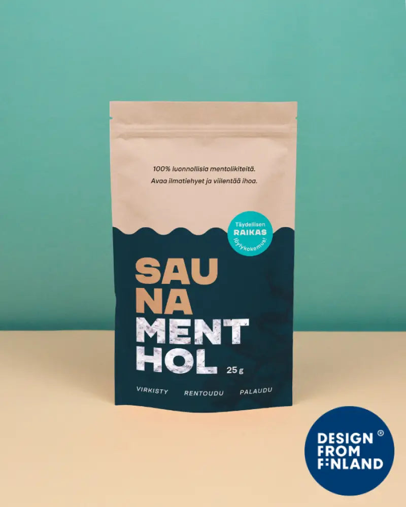 A sleek resealable pouch of sauna menthol original in navy blue and beige with bold white and tan lettering