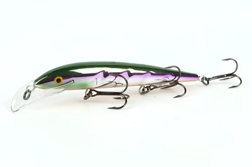 A sleek green and purple hard-bodied fishing lure with yellow eye and treble hooks from scandinavian tackle baron vaaput 130mm