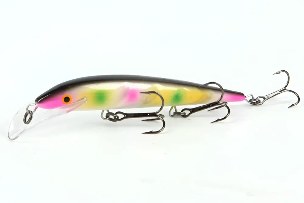 A vibrant translucent scandinavian tackle baron vaaput 130mm fishing lure with black head pink yellow body and green stripes