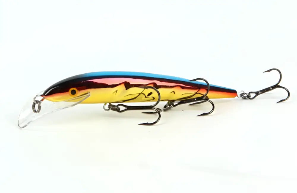 Vibrantti metallinen rainbow-värinen rapala-vaappu black-treppeleillä ja kirkkaalla muoviklipillä Scandinavian Tackle Baron vaaput 130mm