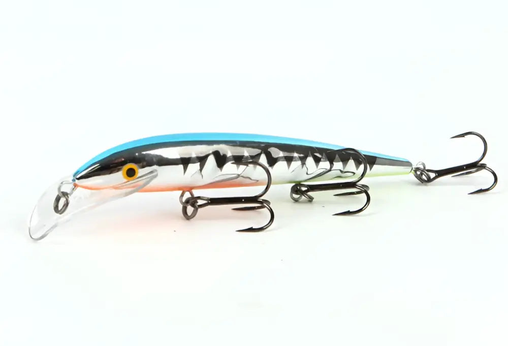Sininen ja hopea skandinaavinen Tackle Baron vaappu 130mm mustilla raitoja, keltaisella silmällä ja kolmella kolmihaarakoukulla