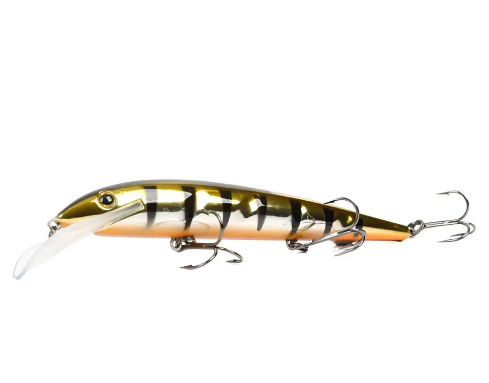 Metallinen kultamusta raidallinen scandinavian tackle baron vaaput 130mm minnow-tyylinen viehe kolmella piikkihoukulla ja valkoisella muovihälyttimellä