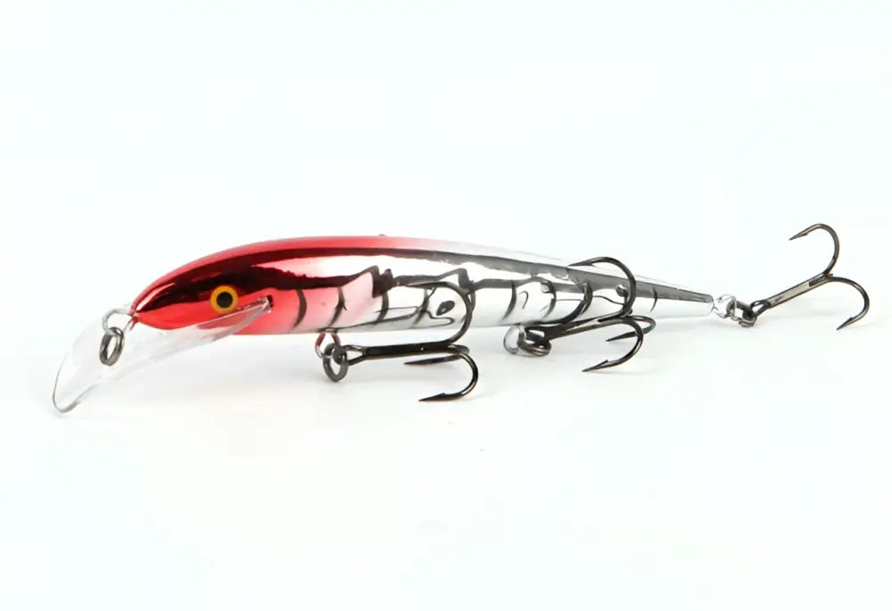 Punainen ja hopeanvärinen metallinen crankbait-vaappu mustilla spiraalikuviolla ja kolmella koukulla scandinavian tackle baron vaaput 130mm