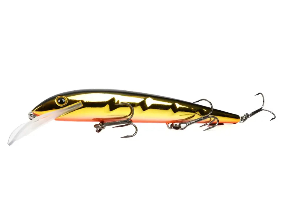 Kultainen ja oranssi metallinen Scandinavian Tackle Baron vaaput 130mm minnow-tyylinen viehe valkoisella muovisella lapulla ja kolmella piikkikoukulla