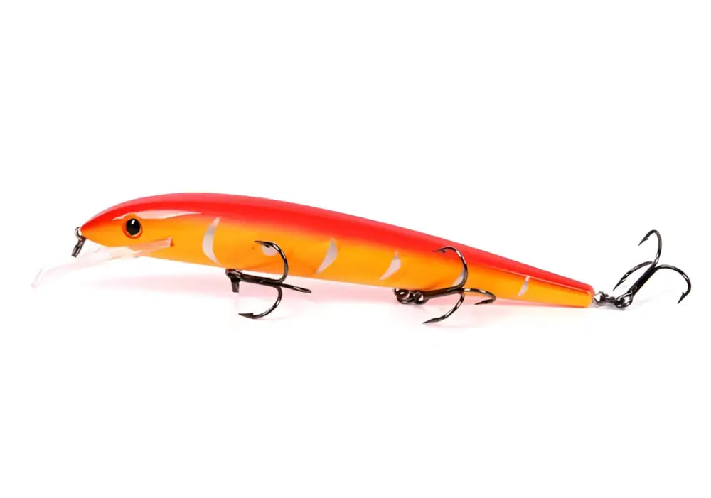 Vibrantti oranssi ja punainen gradiivilipas, jossa valkoiset raidat ja kolme mustaa kolminasta koukkua, Scandinavian Tackle Baron vaaput 130mm
