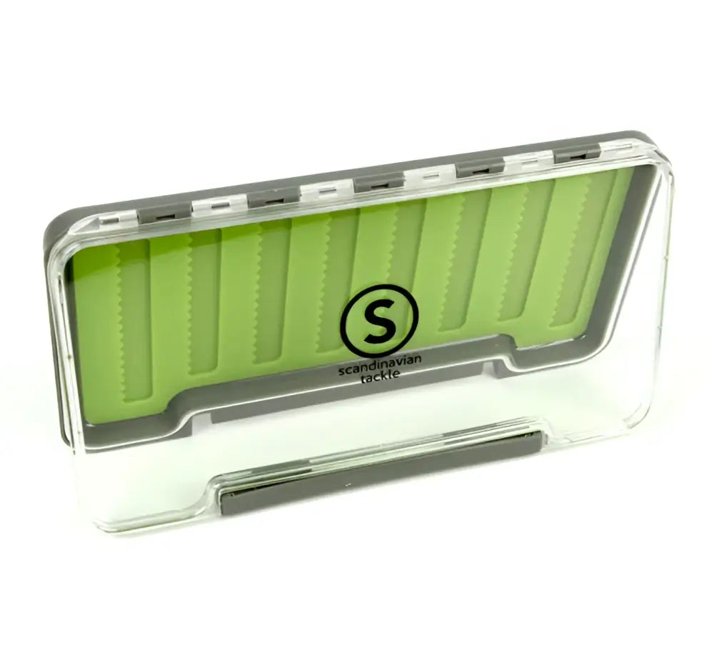 Clear plastic scandinavian tackle double silicon flybox with lime green interior and gray trim for fly tying storage