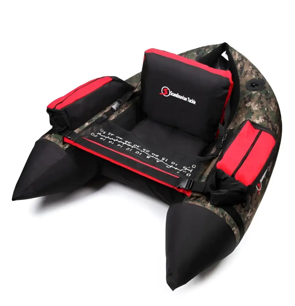 Camouflage-kuvioitu scandinavian tackle float tube 900 kelluntarengas mustin ja punaisin yksityiskohdin pehmustetulla istuimella ja säilytystiloilla