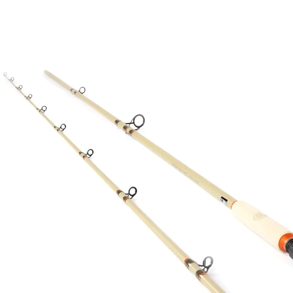 Beige scandinavian tackle flutactic 12 6 fishing rod with black ring guides and orange accented handle grip
