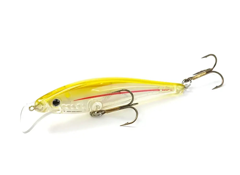 Scandinavian tackle gator wobbler 11cm keltainen ja läpikuultava muovinen viehe punaisella raidalla ja kolmoiskoukuilla