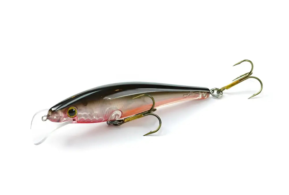 A sleek, translucent pink and black minnow-style fishing lure with a metallic gold hook assembly from Scandinavian Tackle Gator Wobbler 11cm