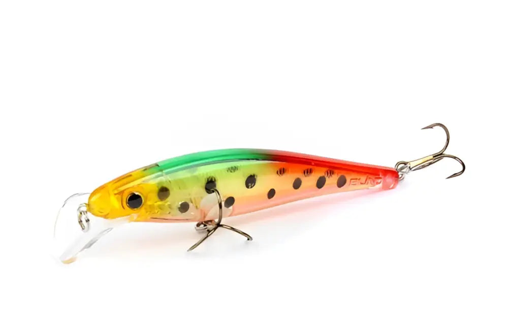 Värikäs monivärinen hard-bodied kalastuskone scandinavian tackle gator wobbler 11cm mustilla pilkuilla ja metallisilla koukuilla