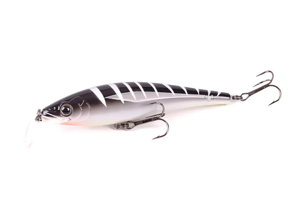 Black and silver striped hard-bodied fishing lure with realistic eye and three treble hooks by scandinavian tackle