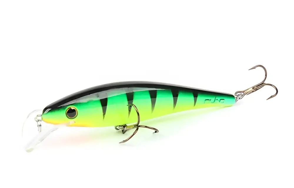 Vibrantly green and black striped hard-bodied scandinavian tackle gator wobbler 11cm fishing lure with clear lip and rio logo