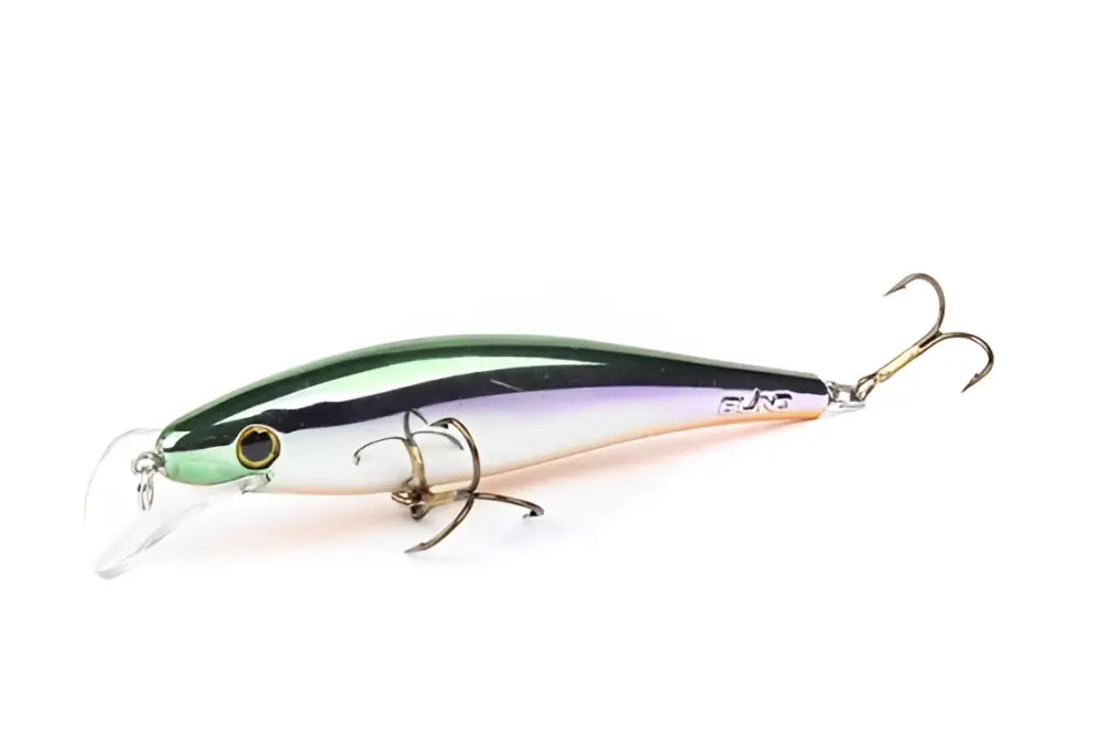 A sleek iridescent green and silver scandinavian tackle gator wobbler 11cm fishing lure with clear plastic lip and treble hooks