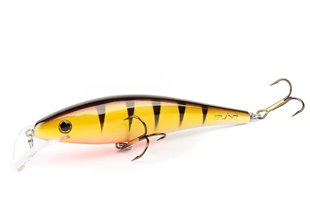 Keltamustaraidallinen Scandinavian Tackle Gator Wobbler 11 cm kova kalastuskone, jossa kirkas muovinen lipsi ja kolme kolmihaarakoukkuja