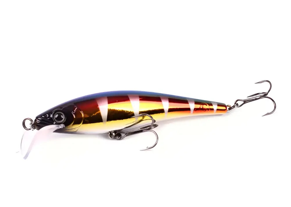 Metallinen scandinavian tackle gator wobbler 11cm uistimessa punaiset ja kullanväriset raidat tummansinisellä päällä