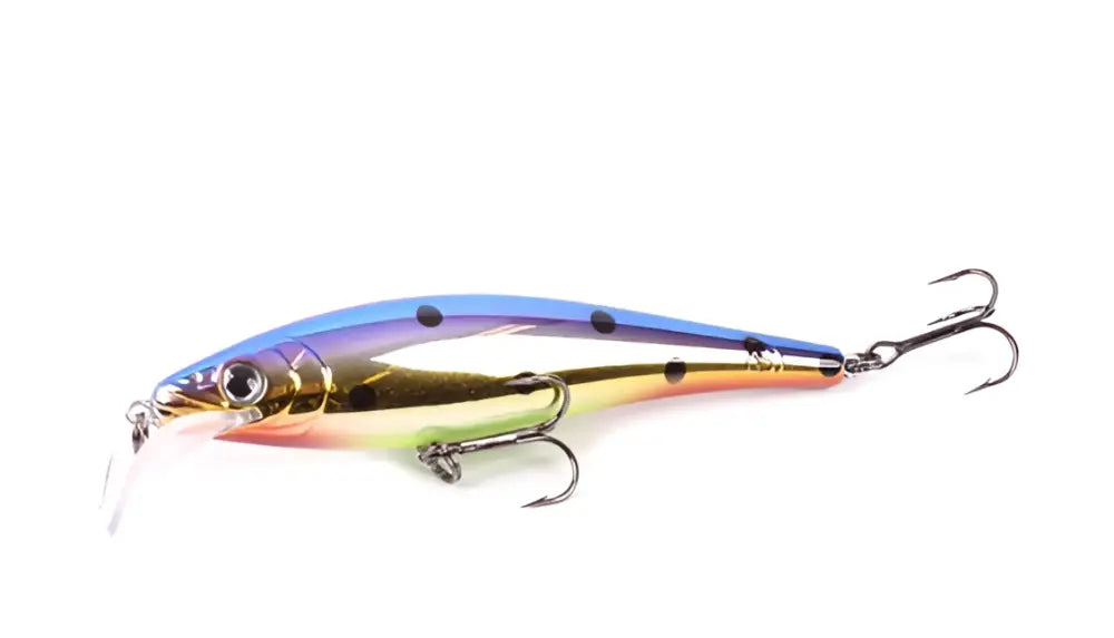 Illuminated rainbow-colored minnow lure with metallic finish and black spots from scandinavian tackle gator wobbler 11cm