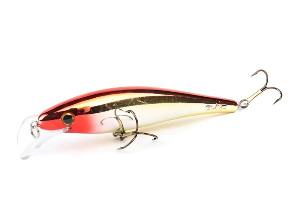 Red and gold metallic Scandinavian Tackle Gator Wobbler 11cm kalastusviehe selkeällä muovilipalla ja kolmella kolmihaarukalla