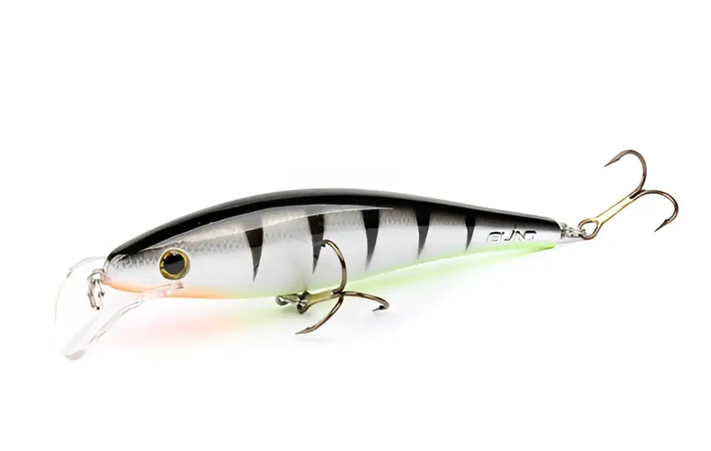 Scandinavian Tackle Gator Wobbler 11cm hopea mustaraidallinen kova viehe läpikuultavalla vihreällä pyrstöllä ja kolmella kolmikoukkulla