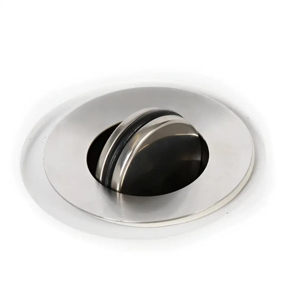 Shiny chrome-finished door stop with sleek rounded design and black rubber interior for scandinavian tackle kalanperkauspöytä