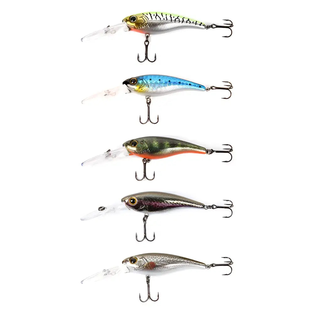 Five colorful metallic finish minnow-style fishing lures with treble hooks Scandinavian Tackle Luvos 60mm vaappulajitelma No1