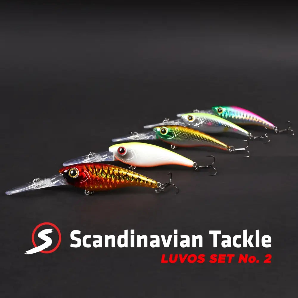 A set of five colorful metallic hard-bodied fishing lures with realistic eyes scandinavian tackle luvos 60mm vaappulajitelma no2