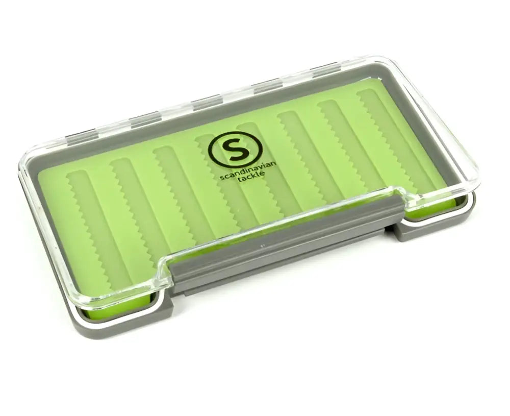Scandinavian Tackle slim silicon flybox m lime green translucent plastic with gray accents and molded fly compartments