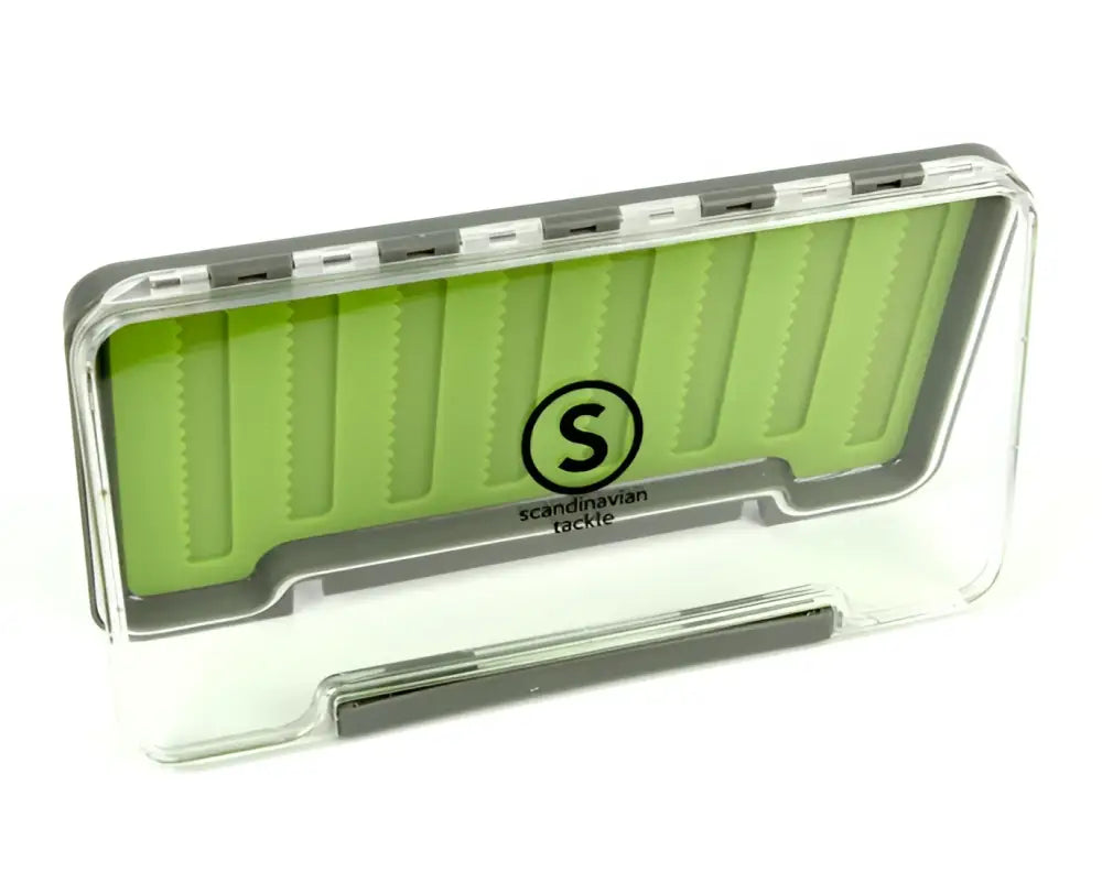 Slim silicon flybox m from Scandinavian Tackle in clear plastic with lime green interior and gray trim featuring logo