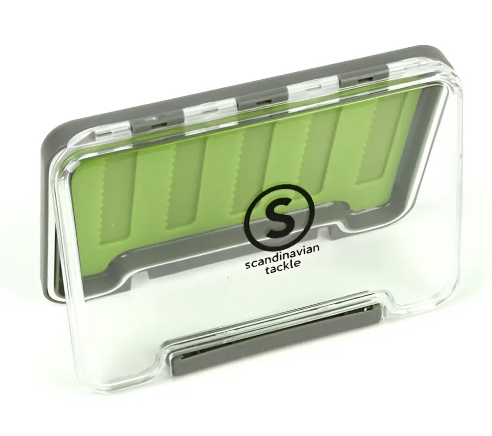 Clear plastic slim silicon fly tying box with gray lid lime green compartments by scandinavian tackle